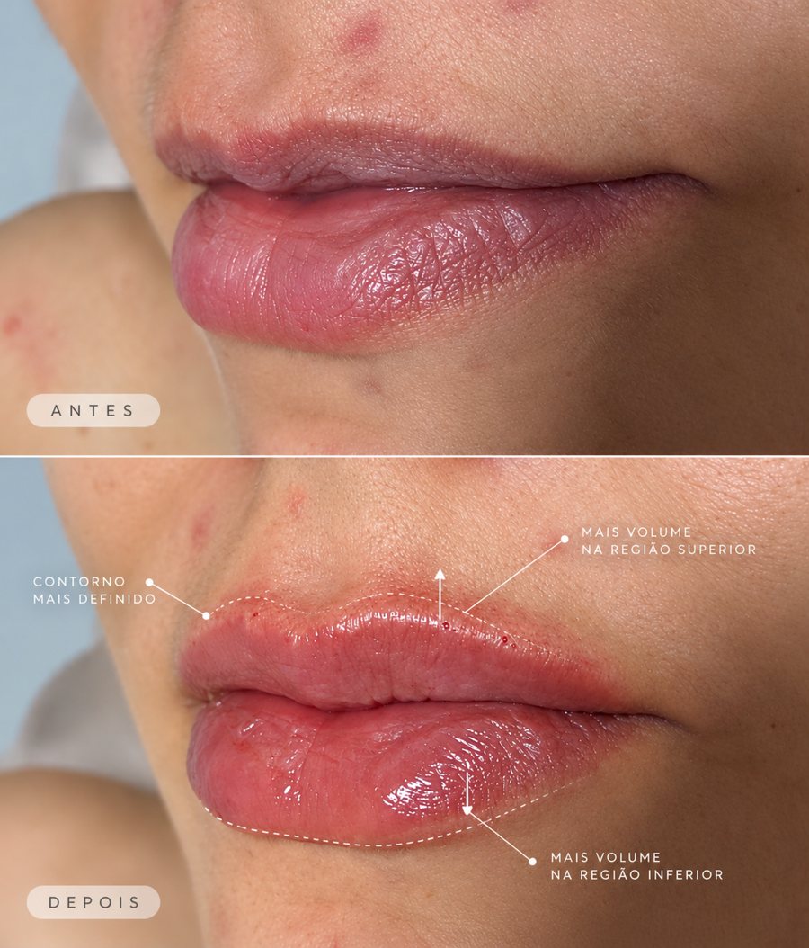Antes e depois de preenchimento labial: contorno mais definido e mais volume nas regiões superior e inferior